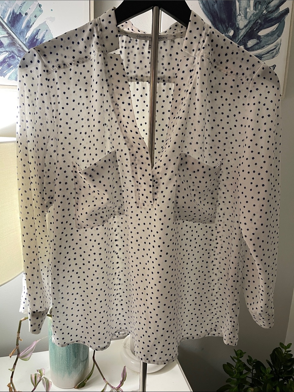 Collective Concepts White Blouse with Navy Dot Print